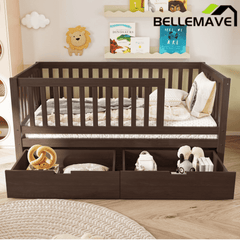 Bellemave® Convertible Toddler Bed with Storage Drawers, 3 - in - 1 Solid Wood Kids Daybed with Removable Guardrails, Espresso - Bellemave
