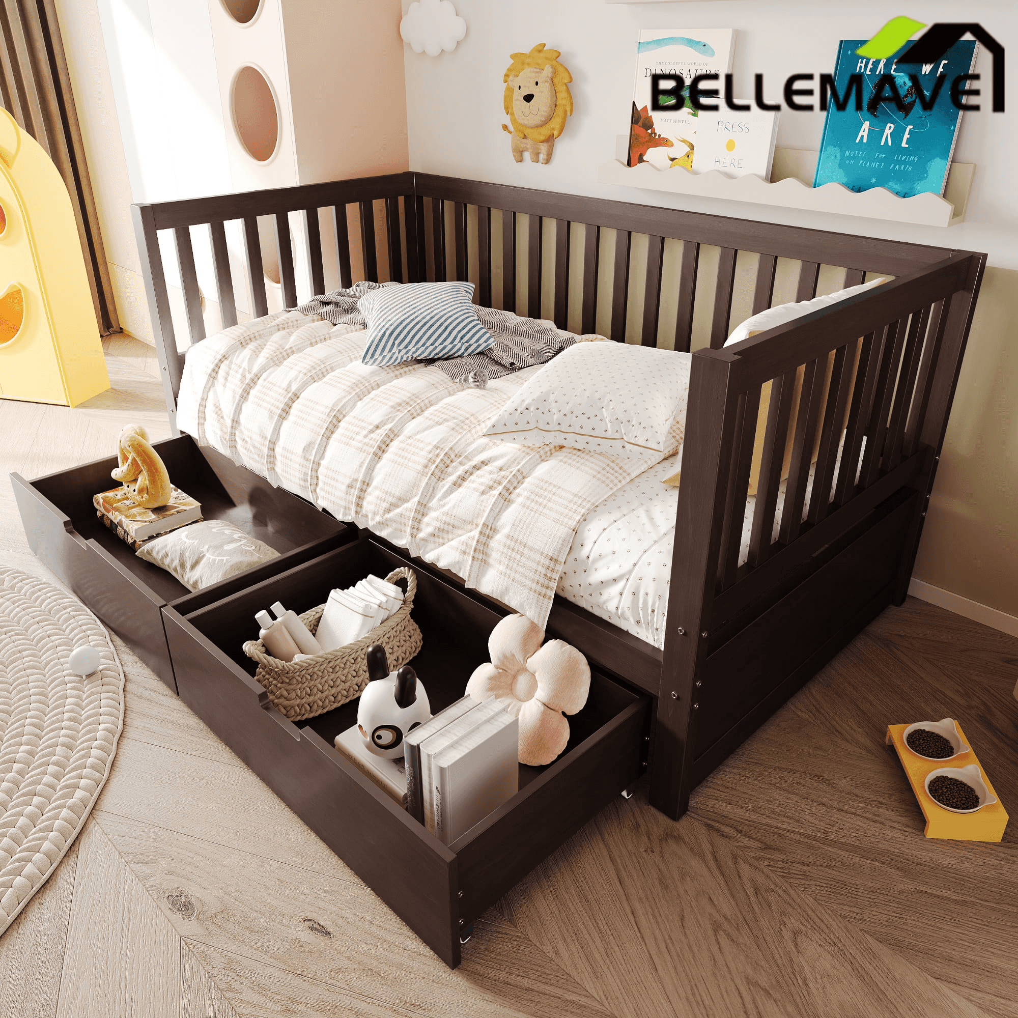 Bellemave® Convertible Toddler Bed with Storage Drawers, 3 - in - 1 Solid Wood Kids Daybed with Removable Guardrails, Espresso - Bellemave