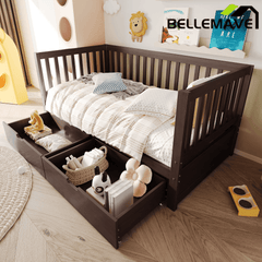Bellemave® Convertible Toddler Bed with Storage Drawers, 3 - in - 1 Solid Wood Kids Daybed with Removable Guardrails, Espresso - Bellemave