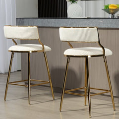 Bellemave® Corduroy Counter height Bar Stools with Back and Golden Chromed Base（Set OF 2） - Bellemave