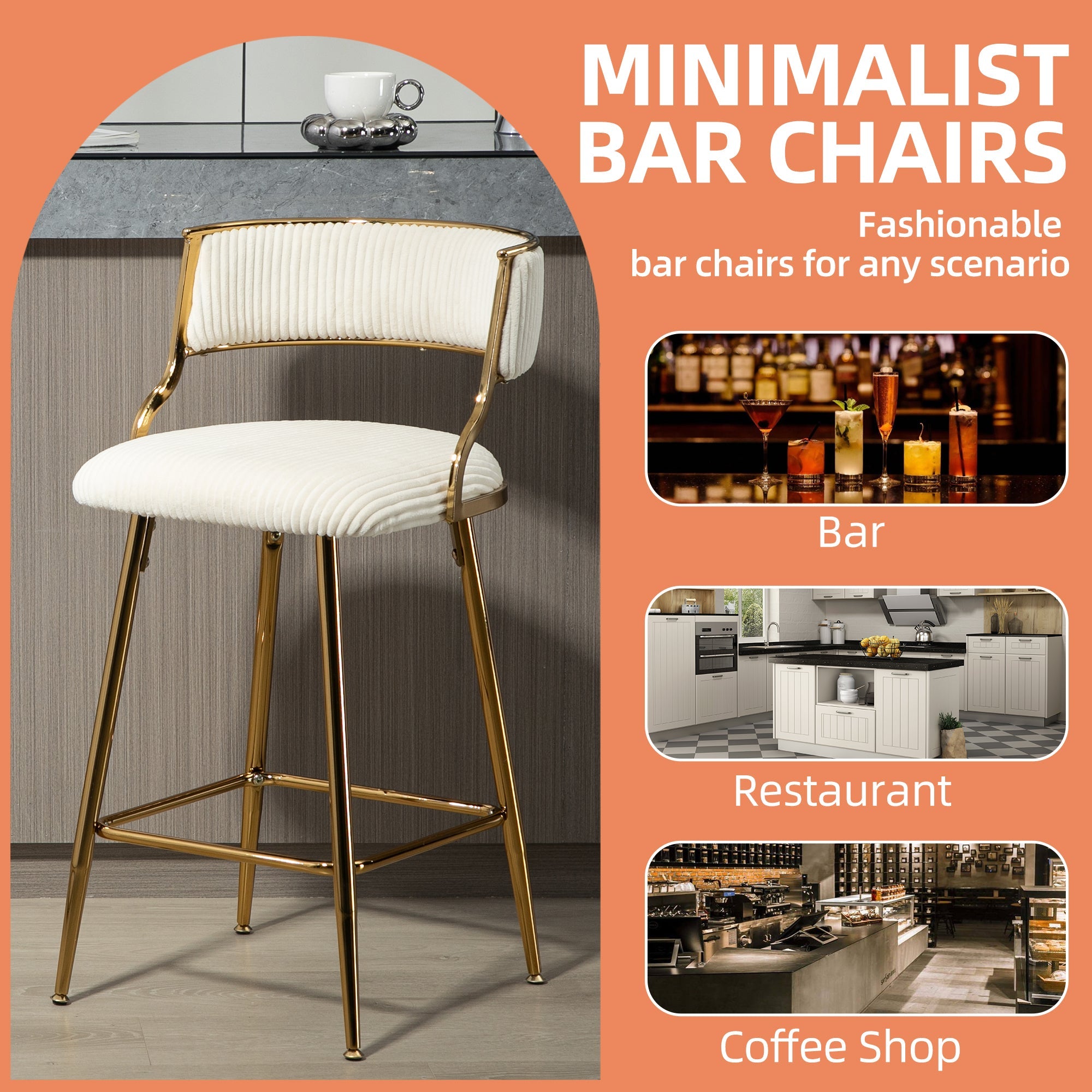 Bellemave® Corduroy Counter height Bar Stools with Back and Golden Chromed Base（Set OF 2） - Bellemave
