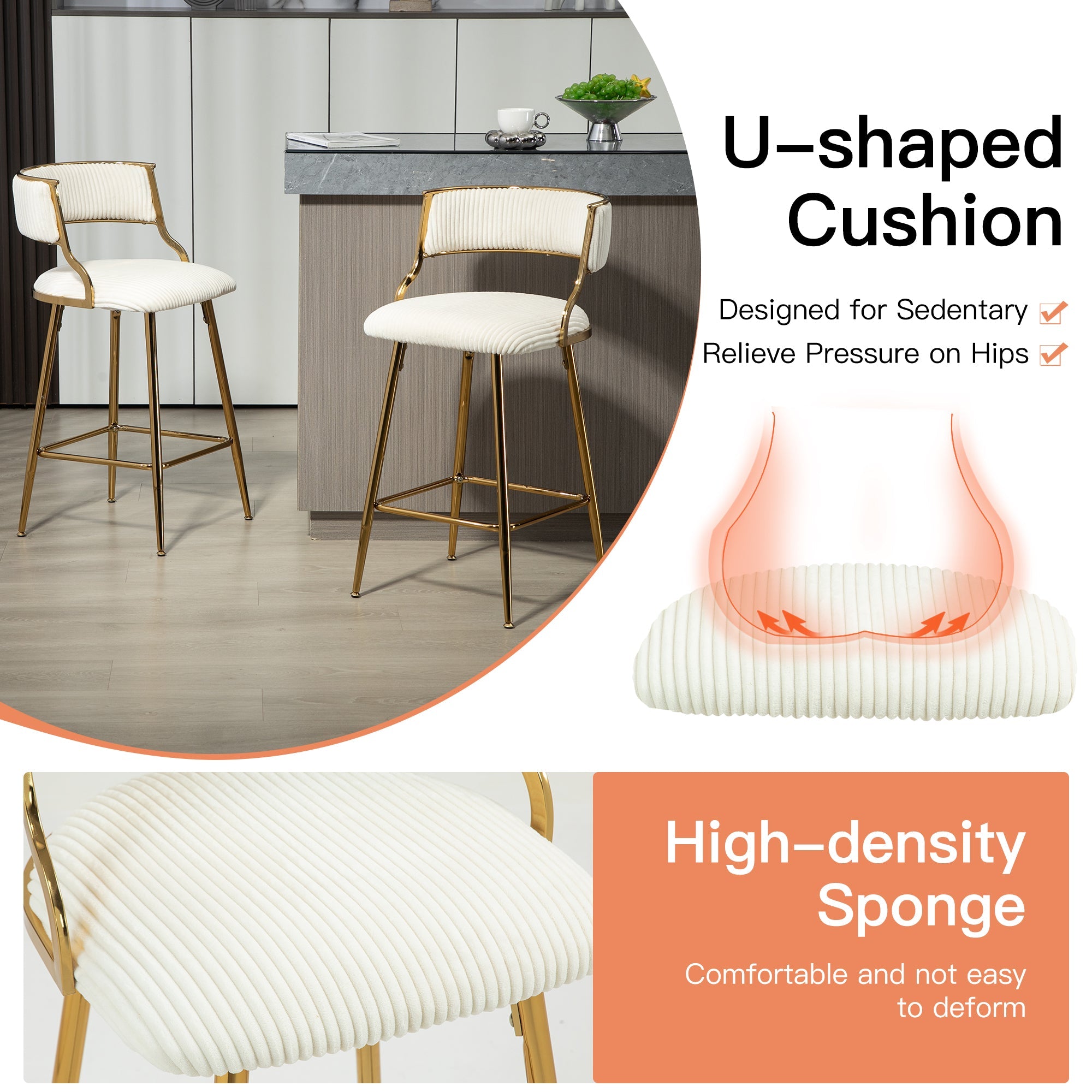 Bellemave® Corduroy Counter height Bar Stools with Back and Golden Chromed Base（Set OF 2） - Bellemave
