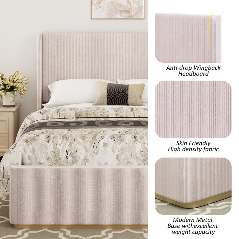 Bellemave® Corduroy Upholstered Bed with Vertical Stripe Wingback Headboard and High Footboard - Bellemave
