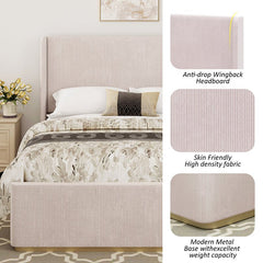 Bellemave® Corduroy Upholstered Bed with Vertical Stripe Wingback Headboard and High Footboard - Bellemave
