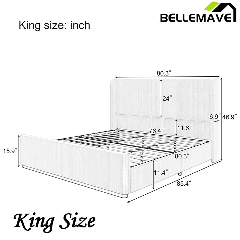 Bellemave® Corduroy Upholstered Bed with Vertical Stripe Wingback Headboard and High Footboard - Bellemave