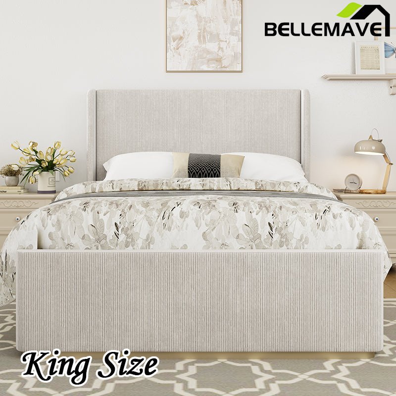 Bellemave® Corduroy Upholstered Bed with Vertical Stripe Wingback Headboard and High Footboard - Bellemave