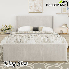 Bellemave® Corduroy Upholstered Bed with Vertical Stripe Wingback Headboard and High Footboard - Bellemave