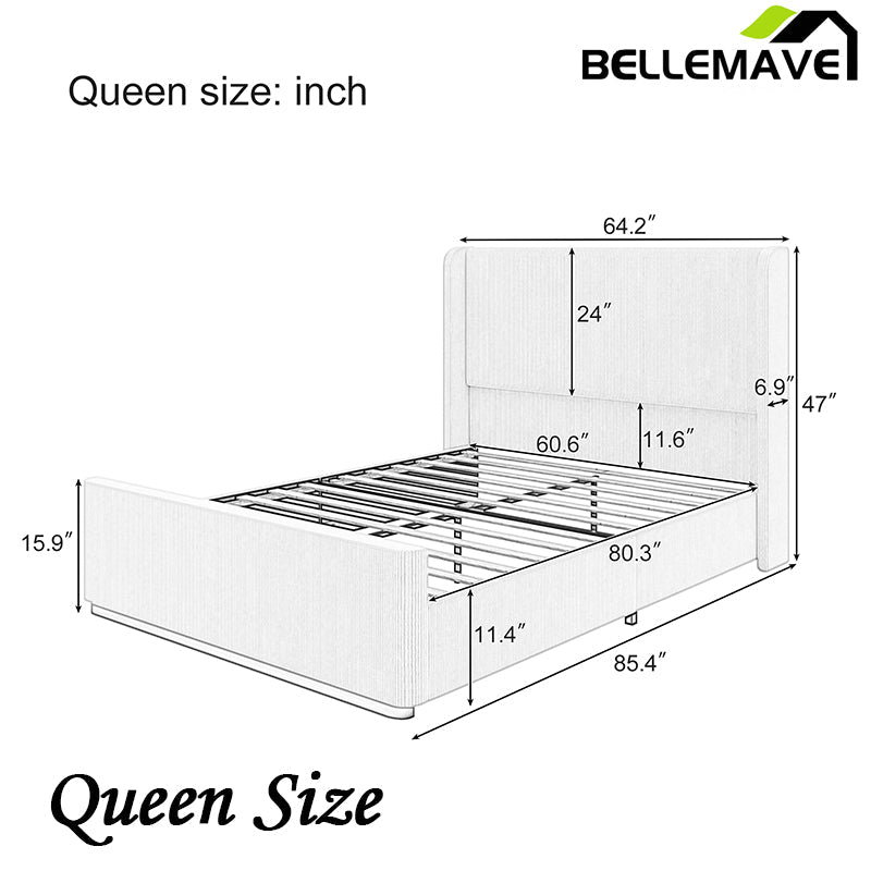 Bellemave® Corduroy Upholstered Bed with Vertical Stripe Wingback Headboard and High Footboard - Bellemave