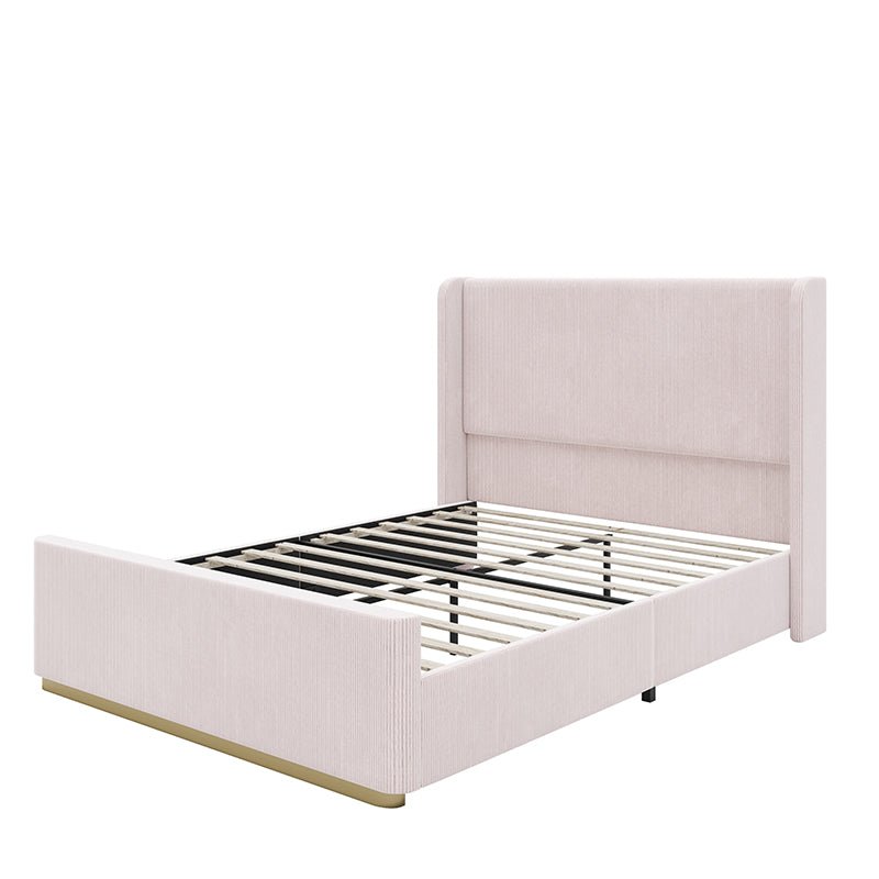 Bellemave® Corduroy Upholstered Bed with Vertical Stripe Wingback Headboard and High Footboard - Bellemave