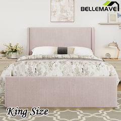 Bellemave® Corduroy Upholstered Bed with Vertical Stripe Wingback Headboard and High Footboard - Bellemave