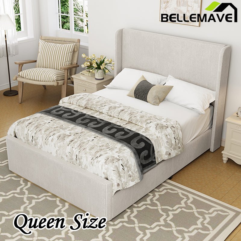 Bellemave® Corduroy Upholstered Bed with Vertical Stripe Wingback Headboard and High Footboard - Bellemave
