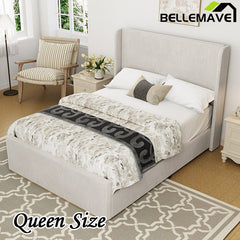 Bellemave® Corduroy Upholstered Bed with Vertical Stripe Wingback Headboard and High Footboard - Bellemave