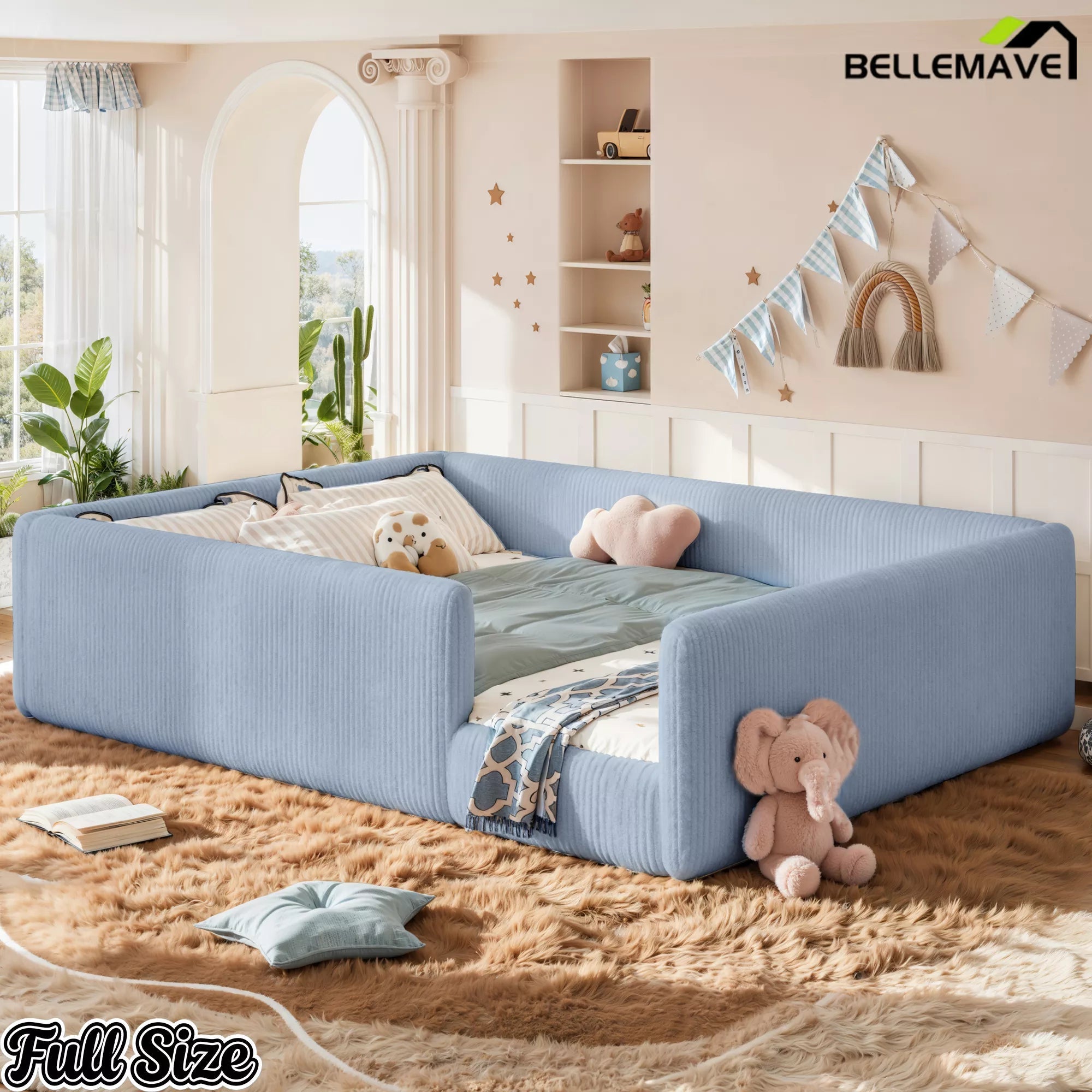 Bellemave® Corduroy Upholstered Floor Bed with Full-Length Guardrails, Soft Padded Kids Floor Bed for Children - Bellemave