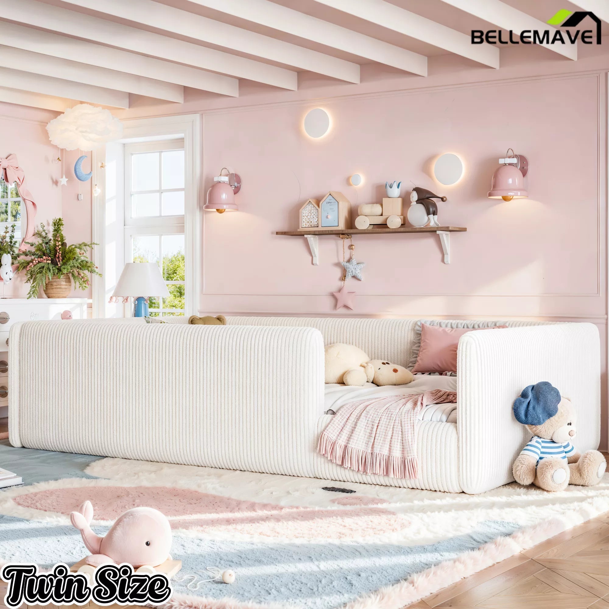 Bellemave® Corduroy Upholstered Floor Bed with Full-Length Guardrails, Soft Padded Kids Floor Bed for Children - Bellemave