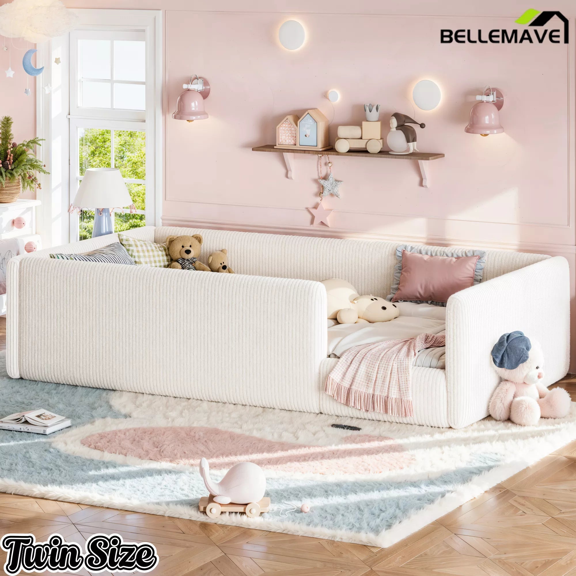 Bellemave® Corduroy Upholstered Floor Bed with Full-Length Guardrails, Soft Padded Kids Floor Bed for Children - Bellemave