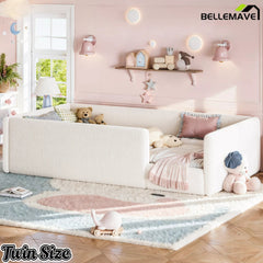 Bellemave® Corduroy Upholstered Floor Bed with Full-Length Guardrails, Soft Padded Kids Floor Bed for Children - Bellemave