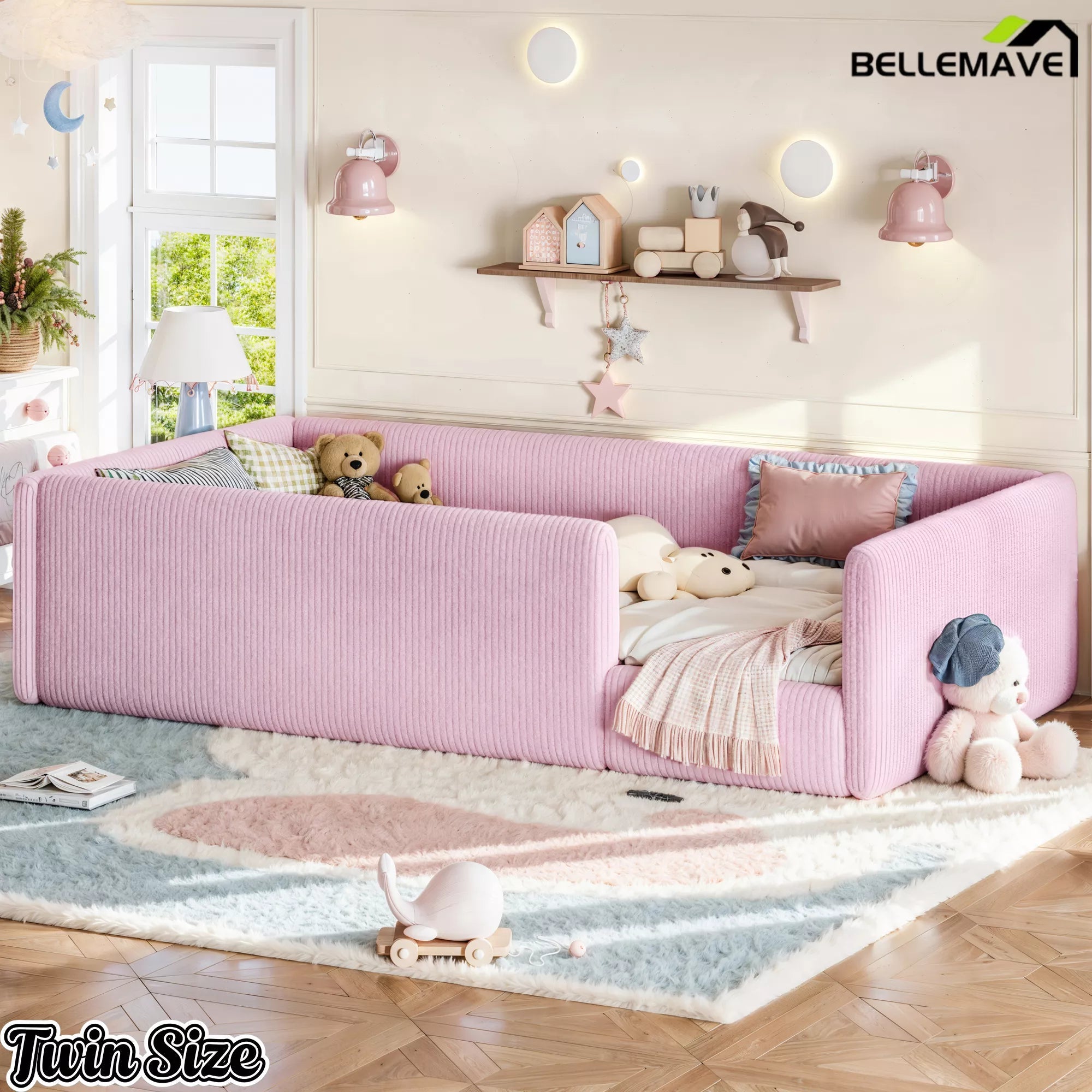Bellemave® Corduroy Upholstered Floor Bed with Full-Length Guardrails, Soft Padded Kids Floor Bed for Children - Bellemave