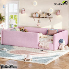 Bellemave® Corduroy Upholstered Floor Bed with Full-Length Guardrails, Soft Padded Kids Floor Bed for Children - Bellemave