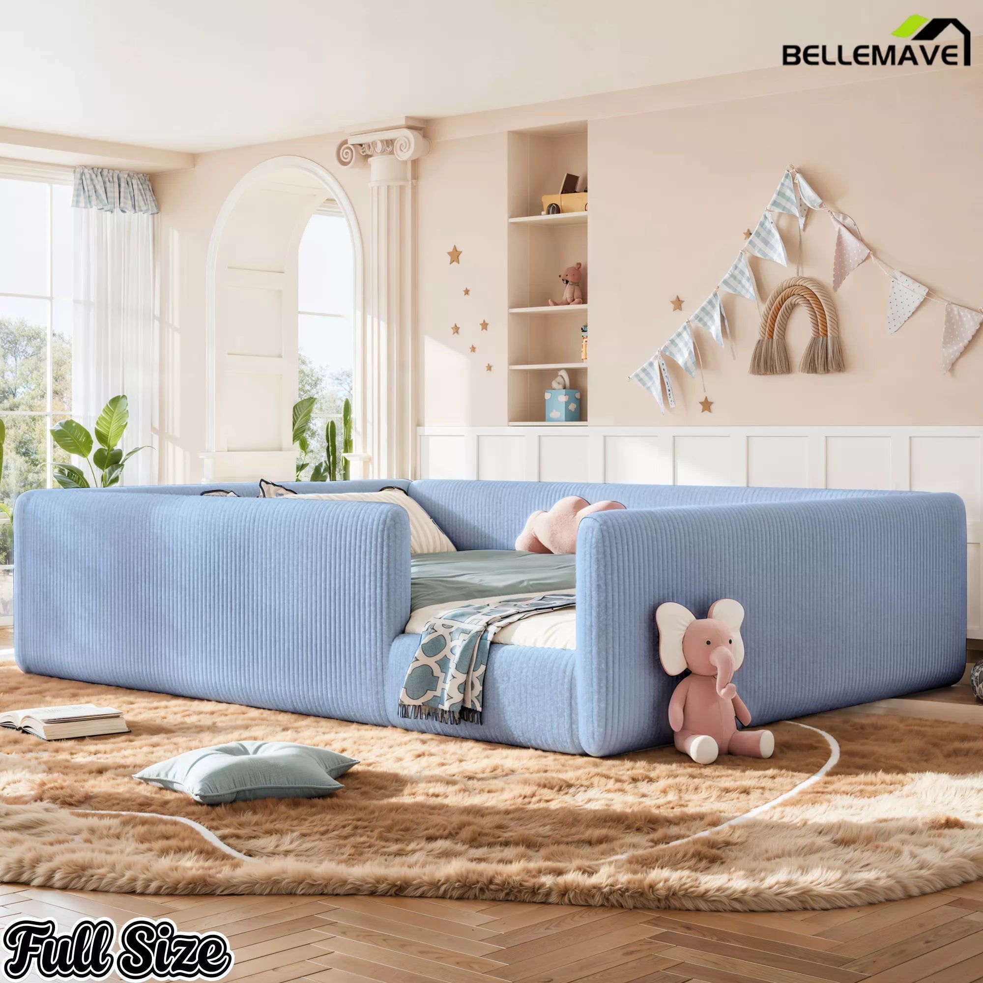 Bellemave® Corduroy Upholstered Floor Bed with Full-Length Guardrails, Soft Padded Kids Floor Bed for Children - Bellemave