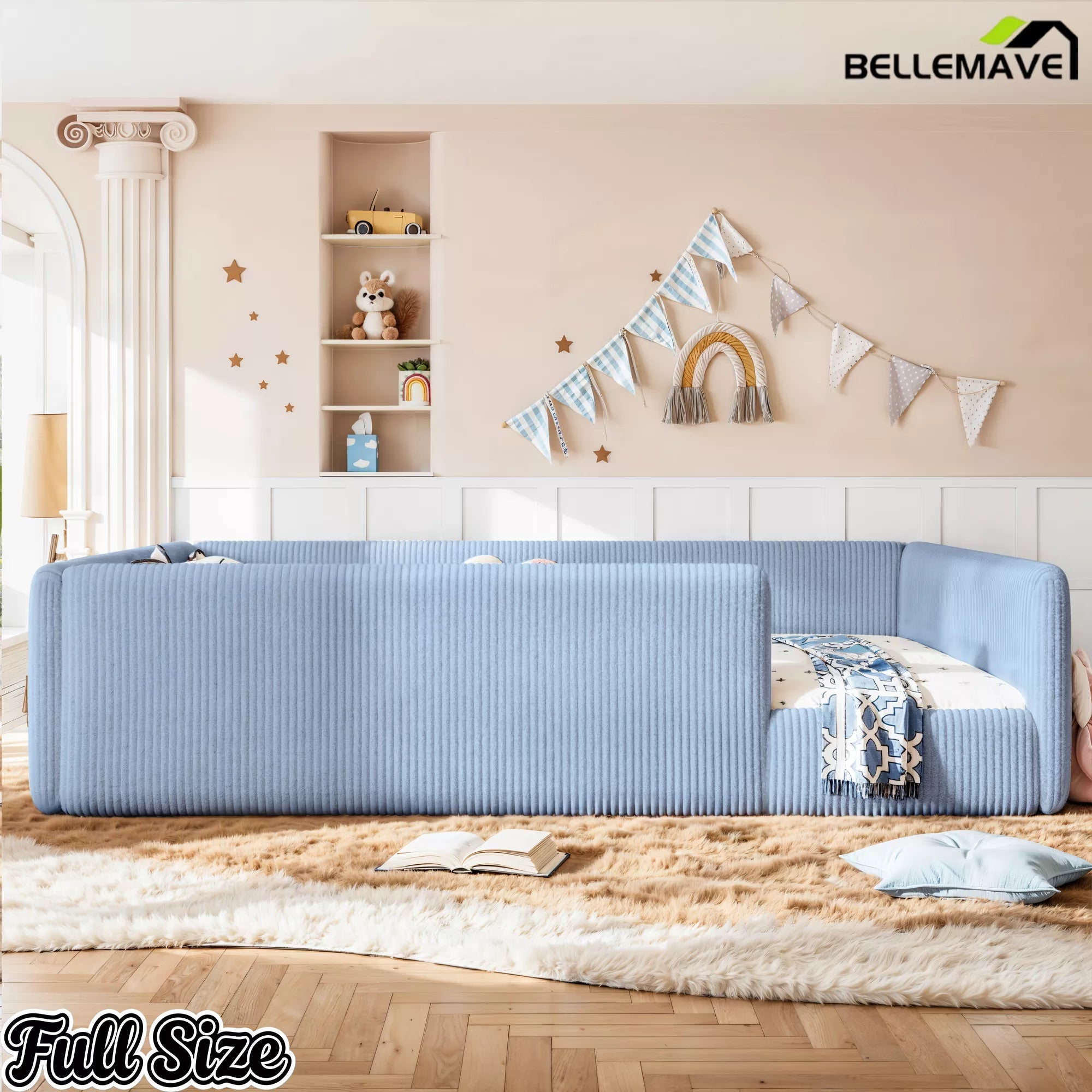 Bellemave® Corduroy Upholstered Floor Bed with Full-Length Guardrails, Soft Padded Kids Floor Bed for Children - Bellemave
