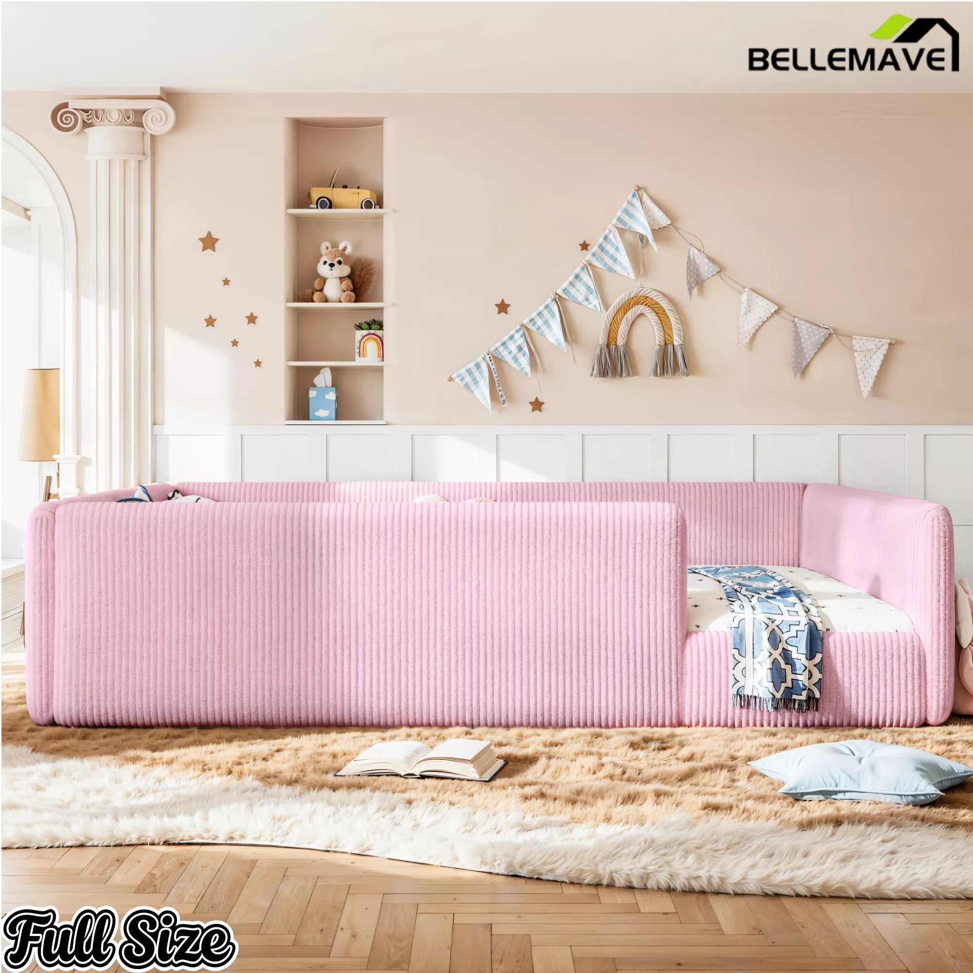 Bellemave® Corduroy Upholstered Floor Bed with Full-Length Guardrails, Soft Padded Kids Floor Bed for Children - Bellemave