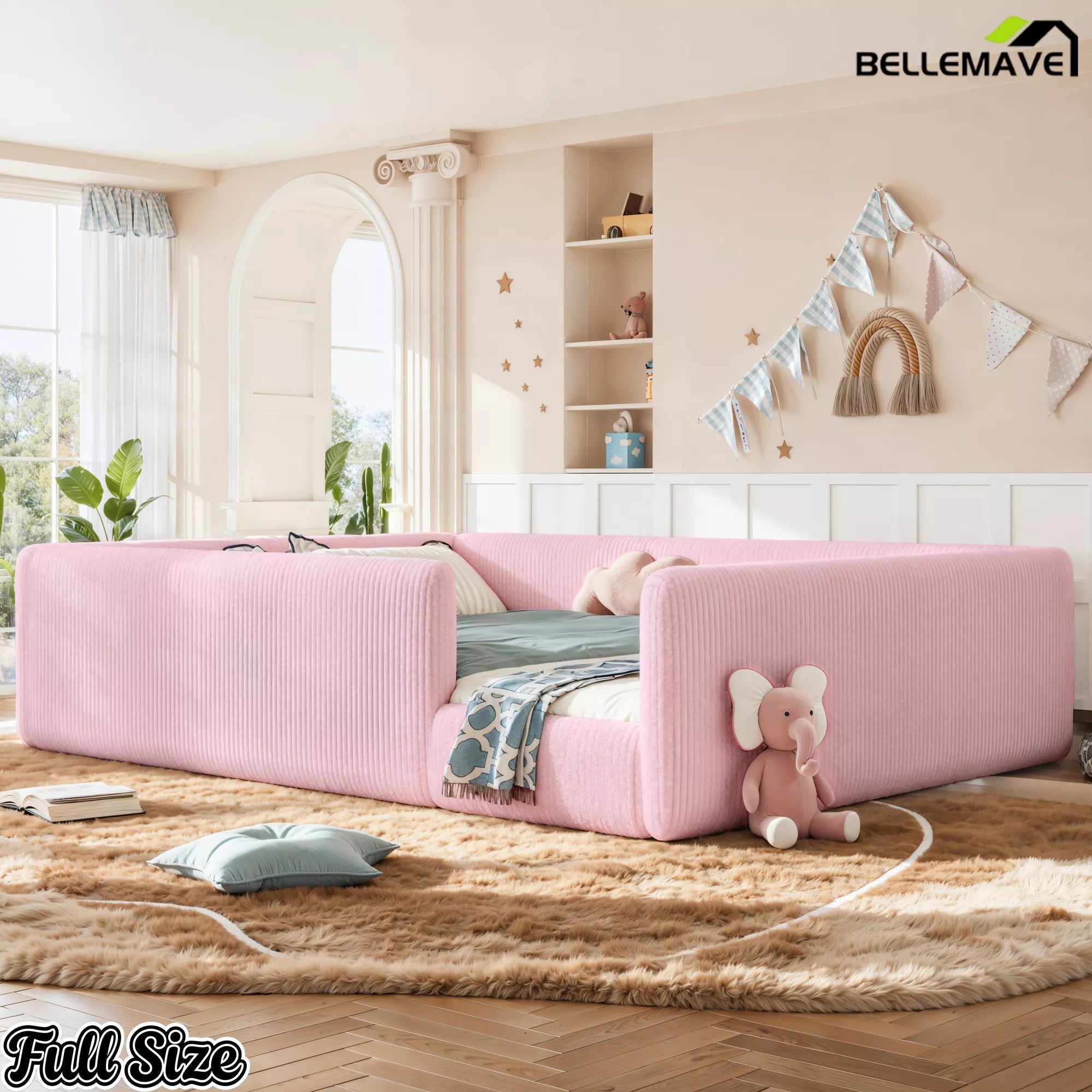 Bellemave® Corduroy Upholstered Floor Bed with Full-Length Guardrails, Soft Padded Kids Floor Bed for Children - Bellemave