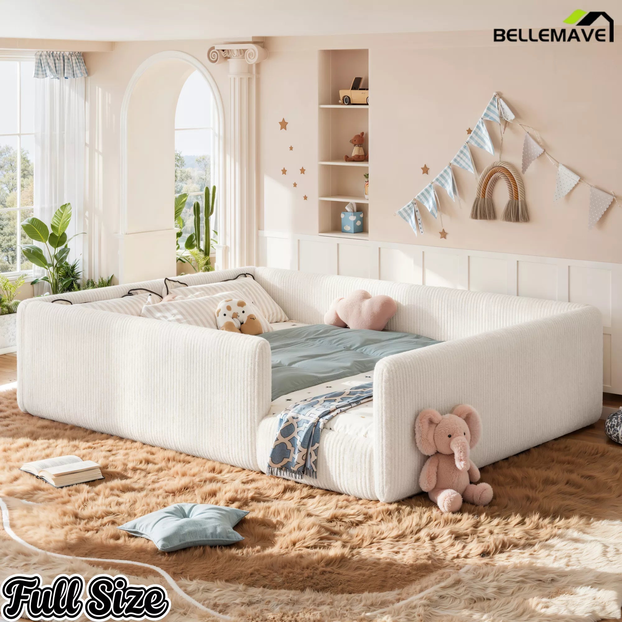 Bellemave® Corduroy Upholstered Floor Bed with Full-Length Guardrails, Soft Padded Kids Floor Bed for Children - Bellemave