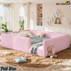 Bellemave® Corduroy Upholstered Floor Bed with Full-Length Guardrails, Soft Padded Kids Floor Bed for Children - Bellemave