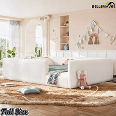 Bellemave® Corduroy Upholstered Floor Bed with Full-Length Guardrails, Soft Padded Kids Floor Bed for Children - Bellemave