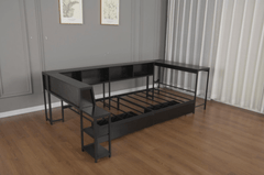 Bellemave® Corner Bed Frame with Desk & Storage, Captains Bed with Charging Station & LED Light, Wood Daybeds with L - Shaped Bookcase & 2 Drawers - Bellemave