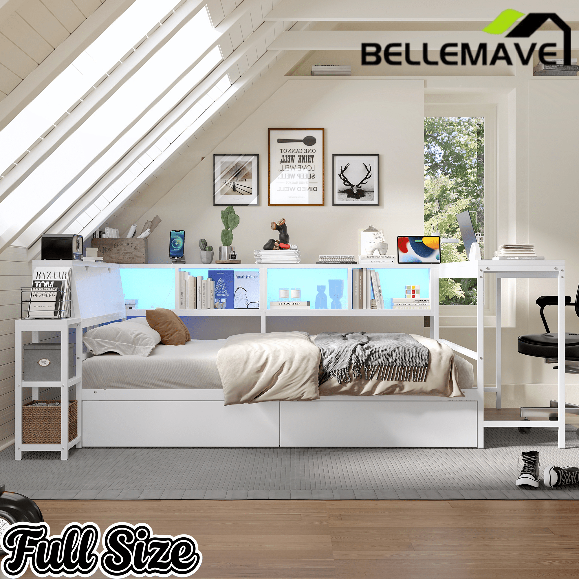 Bellemave® Corner Bed Frame with Desk & Storage, Captains Bed with Charging Station & LED Light, Wood Daybeds with L - Shaped Bookcase & 2 Drawers - Bellemave