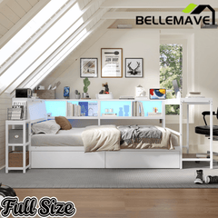 Bellemave® Corner Bed Frame with Desk & Storage, Captains Bed with Charging Station & LED Light, Wood Daybeds with L - Shaped Bookcase & 2 Drawers - Bellemave
