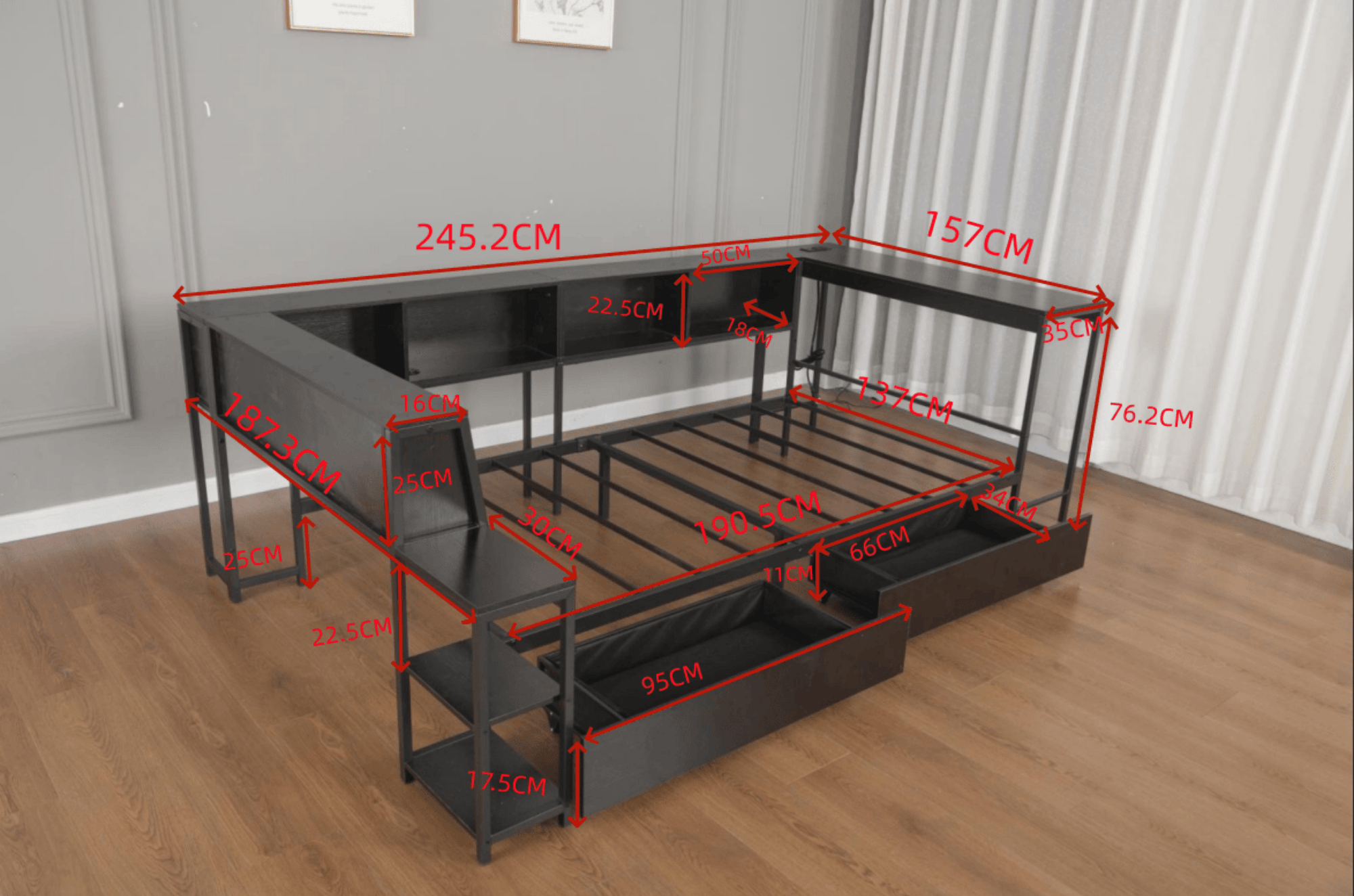 Bellemave® Corner Bed Frame with Desk & Storage, Captains Bed with Charging Station & LED Light, Wood Daybeds with L - Shaped Bookcase & 2 Drawers - Bellemave