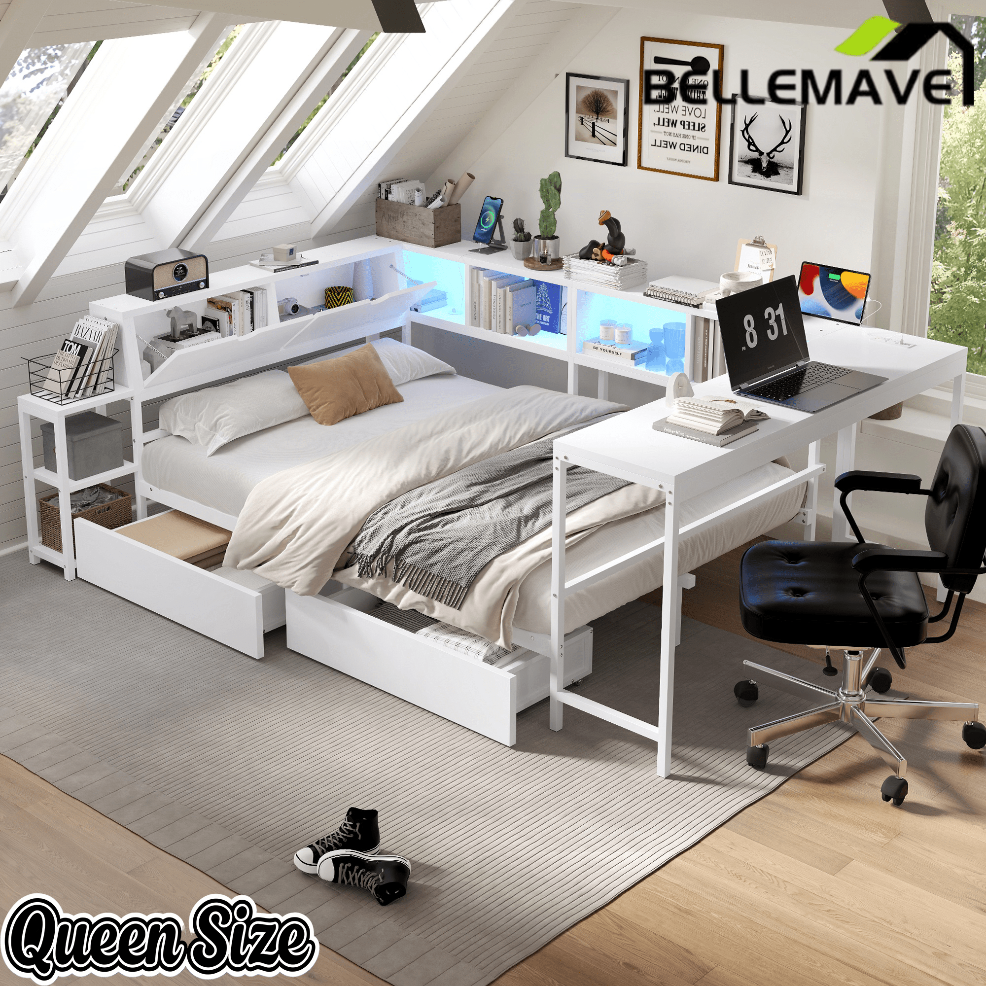Bellemave® Corner Bed Frame with Desk & Storage, Captains Bed with Charging Station & LED Light, Wood Daybeds with L - Shaped Bookcase & 2 Drawers - Bellemave