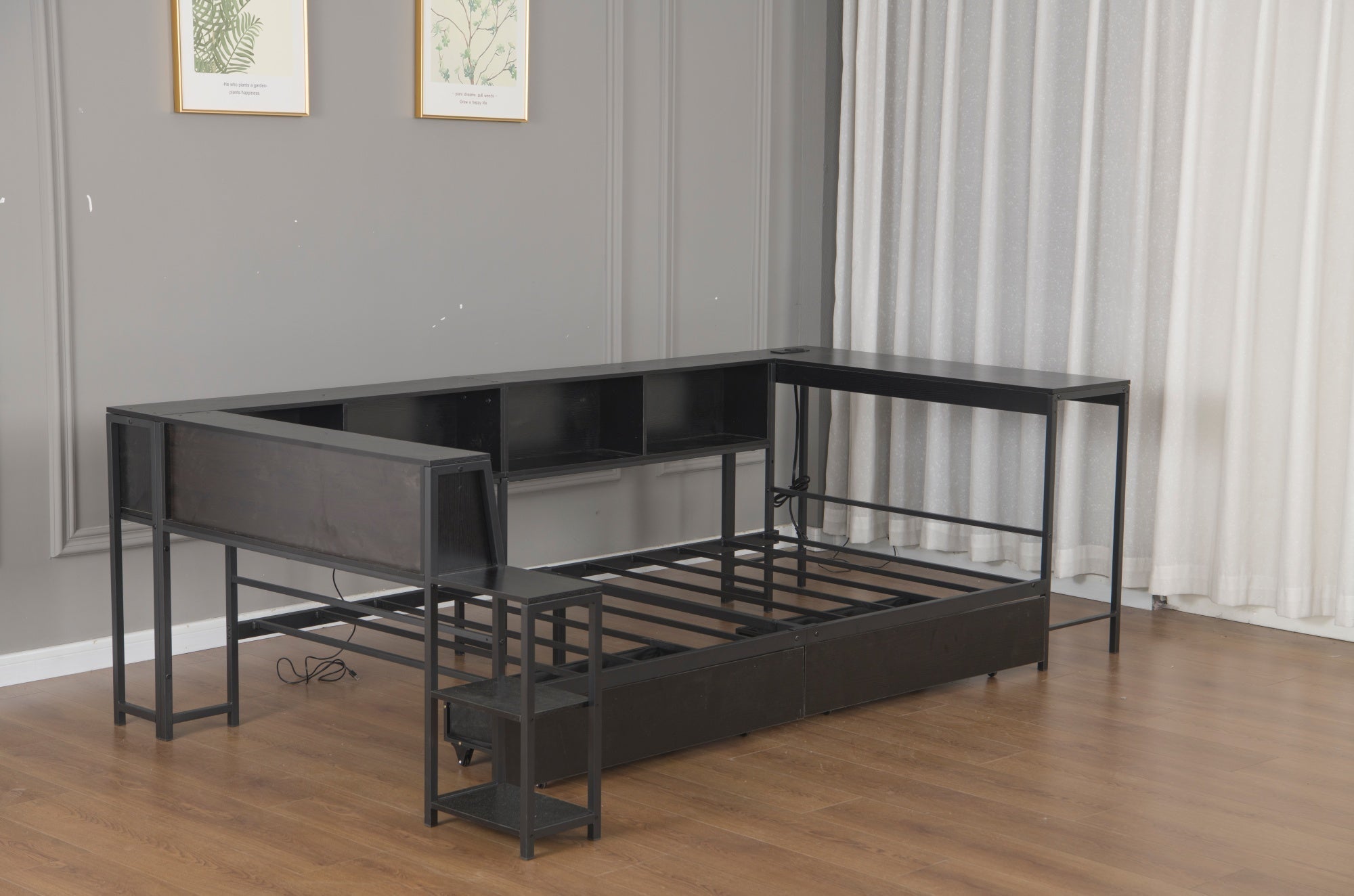 Bellemave® Corner Bed Frame with Desk & Storage, Captains Bed with Charging Station & LED Light, Wood Daybeds with L - Shaped Bookcase & 2 Drawers - Bellemave