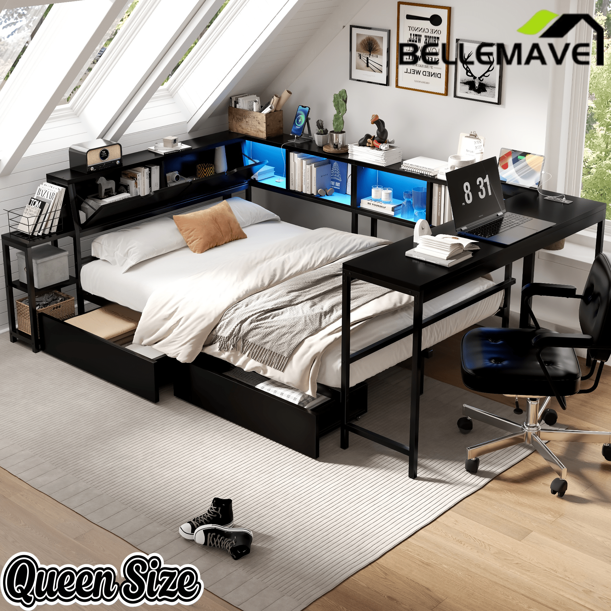 Bellemave® Corner Bed Frame with Desk & Storage, Captains Bed with Charging Station & LED Light, Wood Daybeds with L - Shaped Bookcase & 2 Drawers - Bellemave