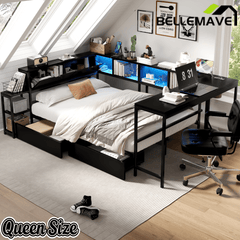 Bellemave® Corner Bed Frame with Desk & Storage, Captains Bed with Charging Station & LED Light, Wood Daybeds with L - Shaped Bookcase & 2 Drawers - Bellemave