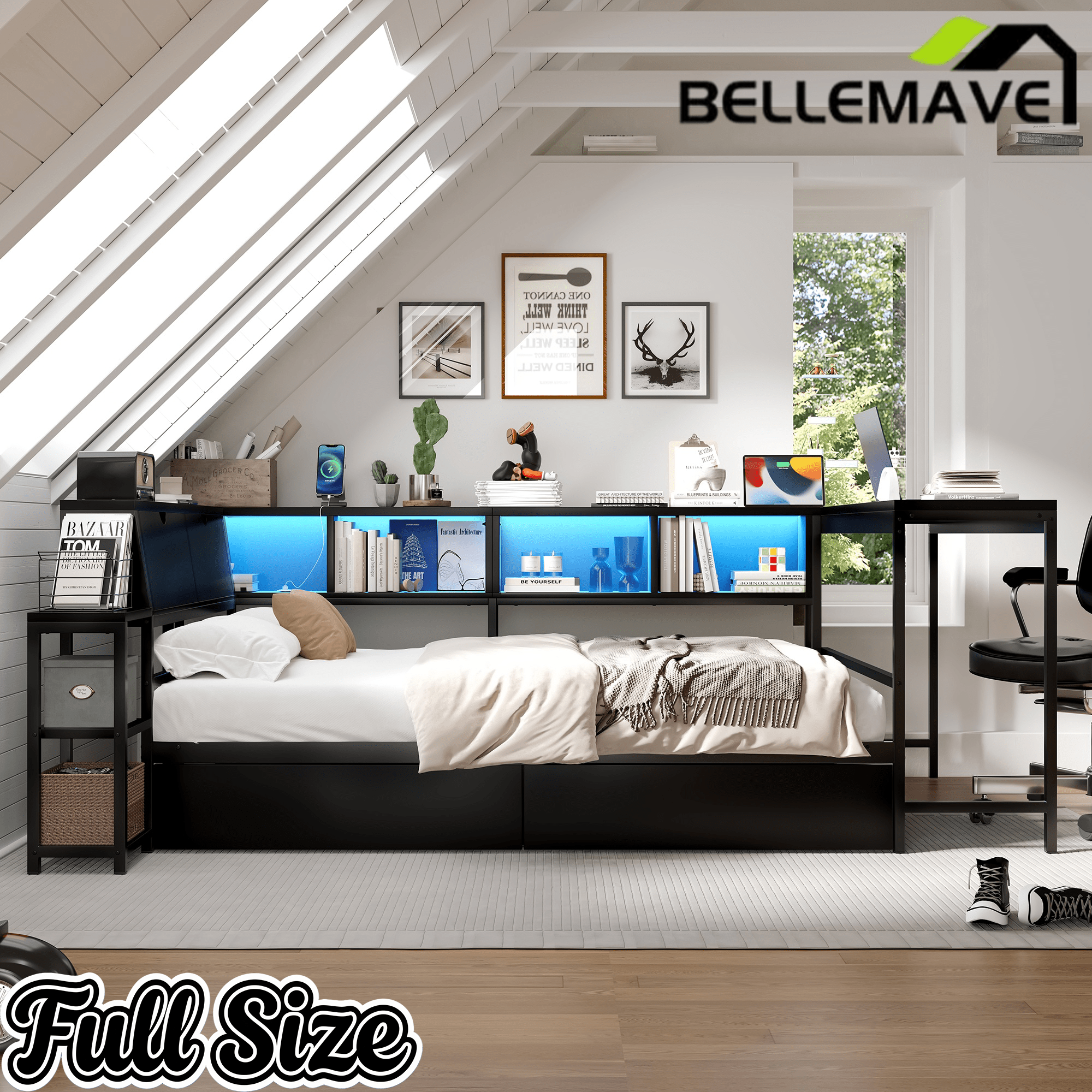 Bellemave® Corner Bed Frame with Desk & Storage, Captains Bed with Charging Station & LED Light, Wood Daybeds with L - Shaped Bookcase & 2 Drawers - Bellemave