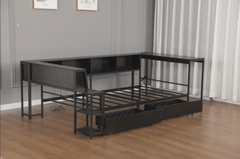 Bellemave® Corner Bed Frame with Desk & Storage, Captains Bed with Charging Station & LED Light, Wood Daybeds with L - Shaped Bookcase & 2 Drawers - Bellemave