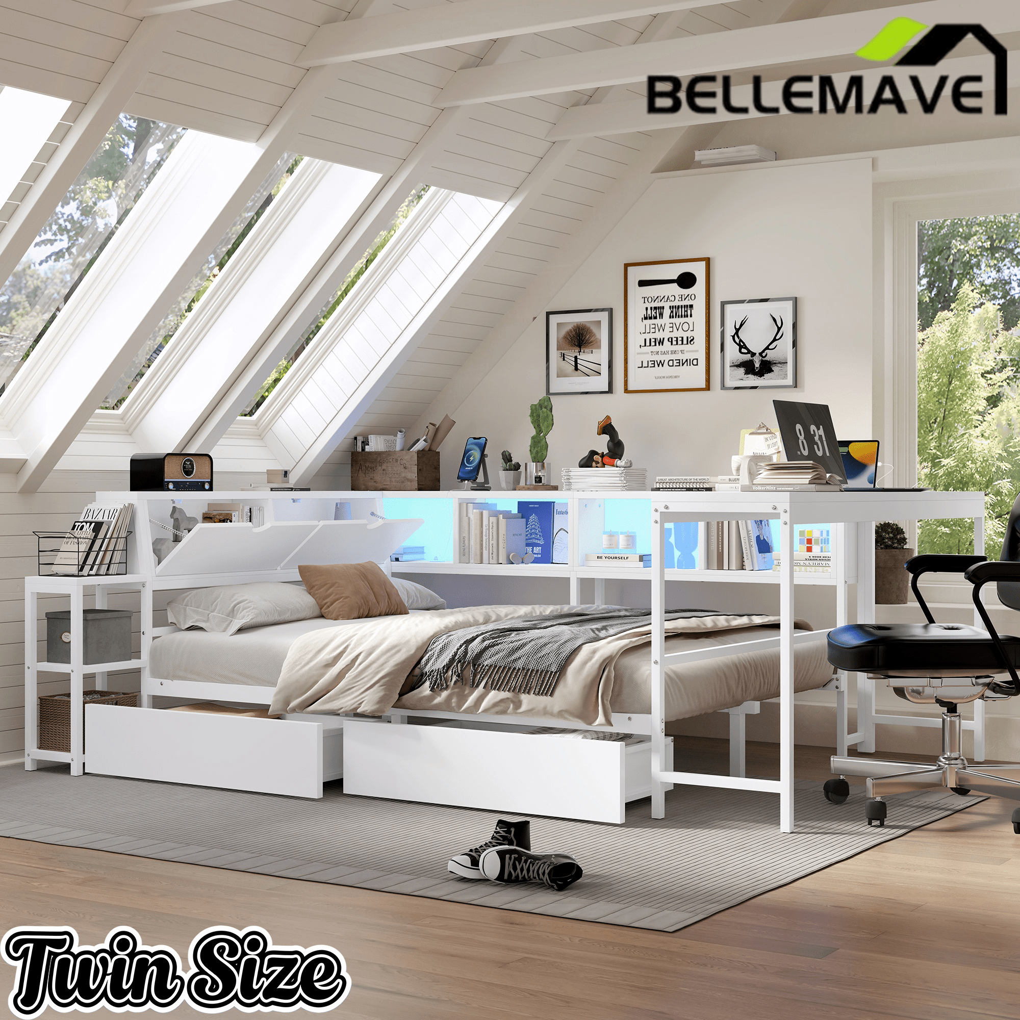 Bellemave® Corner Bed Frame with Desk & Storage, Captains Bed with Charging Station & LED Light, Wood Daybeds with L - Shaped Bookcase & 2 Drawers - Bellemave