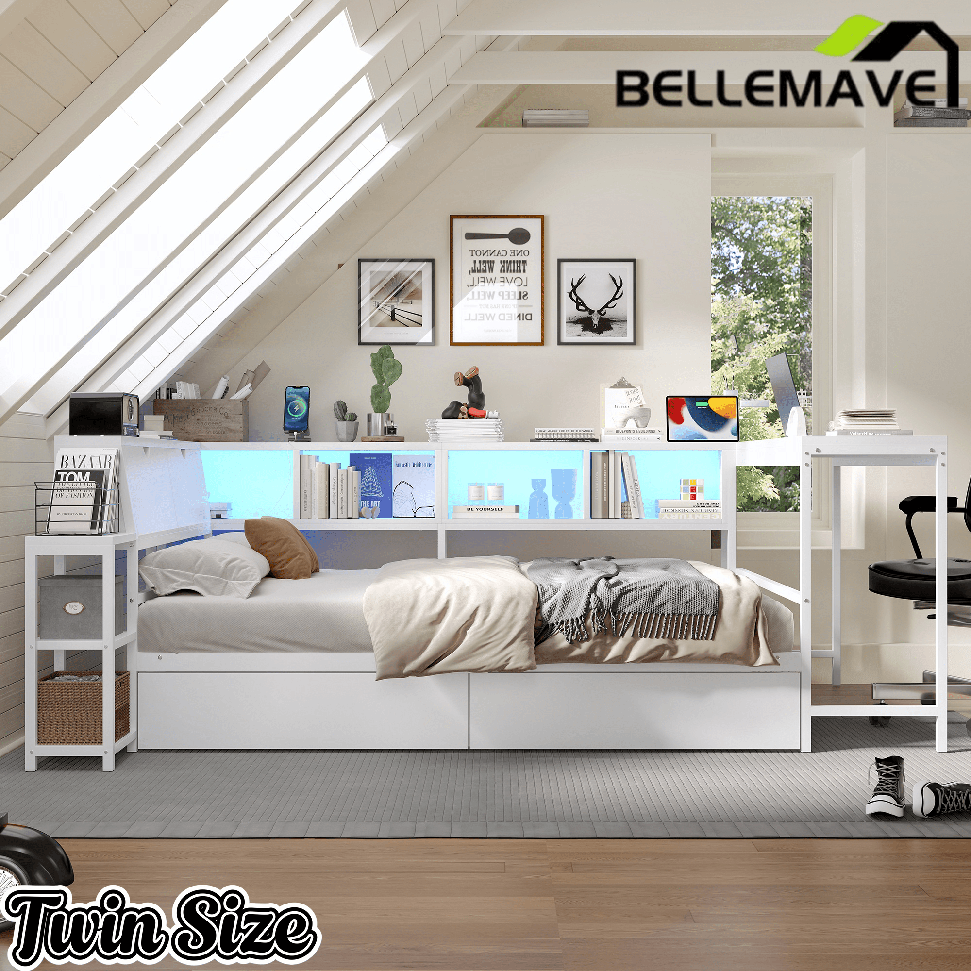 Bellemave® Corner Bed Frame with Desk & Storage, Captains Bed with Charging Station & LED Light, Wood Daybeds with L - Shaped Bookcase & 2 Drawers - Bellemave