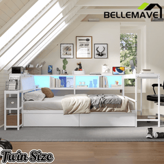 Bellemave® Corner Bed Frame with Desk & Storage, Captains Bed with Charging Station & LED Light, Wood Daybeds with L - Shaped Bookcase & 2 Drawers - Bellemave