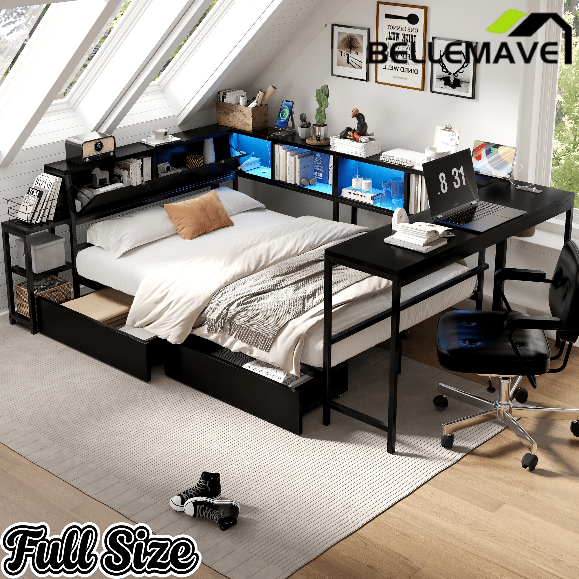 Bellemave® Corner Bed Frame with Desk & Storage, Captains Bed with Charging Station & LED Light, Wood Daybeds with L - Shaped Bookcase & 2 Drawers - Bellemave