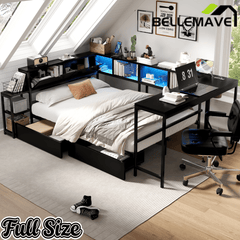 Bellemave® Corner Bed Frame with Desk & Storage, Captains Bed with Charging Station & LED Light, Wood Daybeds with L - Shaped Bookcase & 2 Drawers - Bellemave