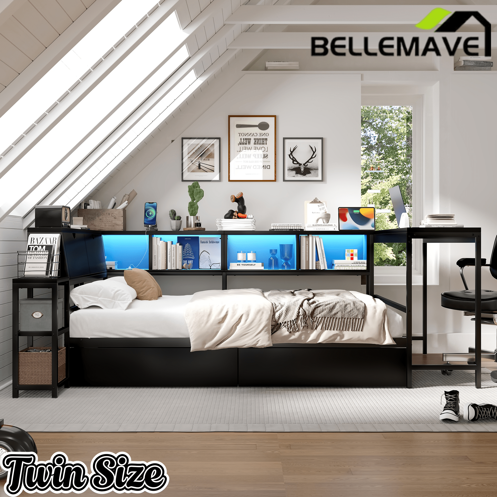 Bellemave® Corner Bed Frame with Desk & Storage, Captains Bed with Charging Station & LED Light, Wood Daybeds with L - Shaped Bookcase & 2 Drawers - Bellemave