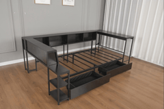Bellemave® Corner Bed Frame with Desk & Storage, Captains Bed with Charging Station & LED Light, Wood Daybeds with L - Shaped Bookcase & 2 Drawers - Bellemave