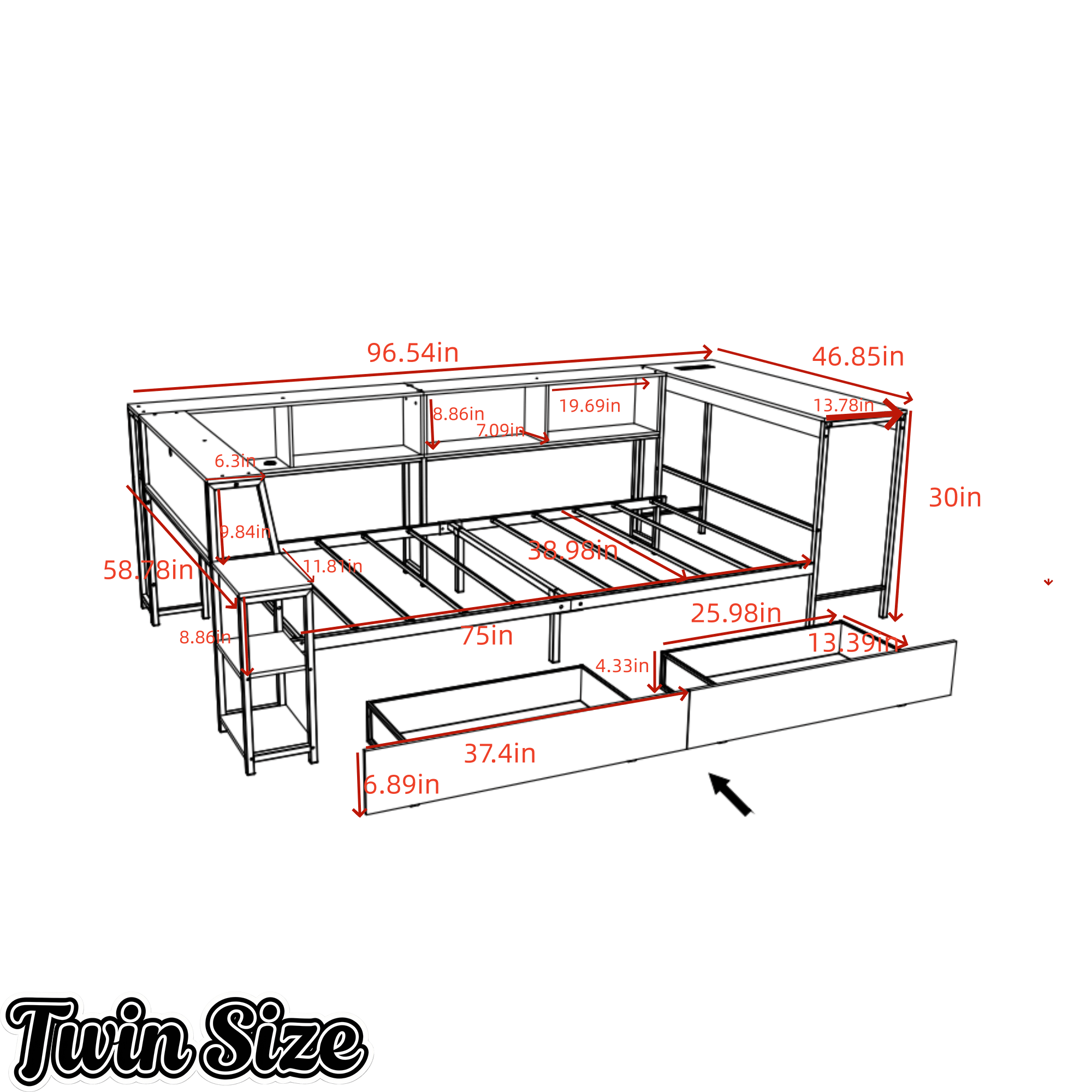 Bellemave® Corner Bed Frame with Desk & Storage, Captains Bed with Charging Station & LED Light, Wood Daybeds with L - Shaped Bookcase & 2 Drawers - Bellemave