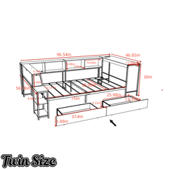 Bellemave® Corner Bed Frame with Desk & Storage, Captains Bed with Charging Station & LED Light, Wood Daybeds with L - Shaped Bookcase & 2 Drawers - Bellemave