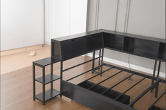 Bellemave® Corner Bed Frame with Desk & Storage, Captains Bed with Charging Station & LED Light, Wood Daybeds with L - Shaped Bookcase & 2 Drawers - Bellemave