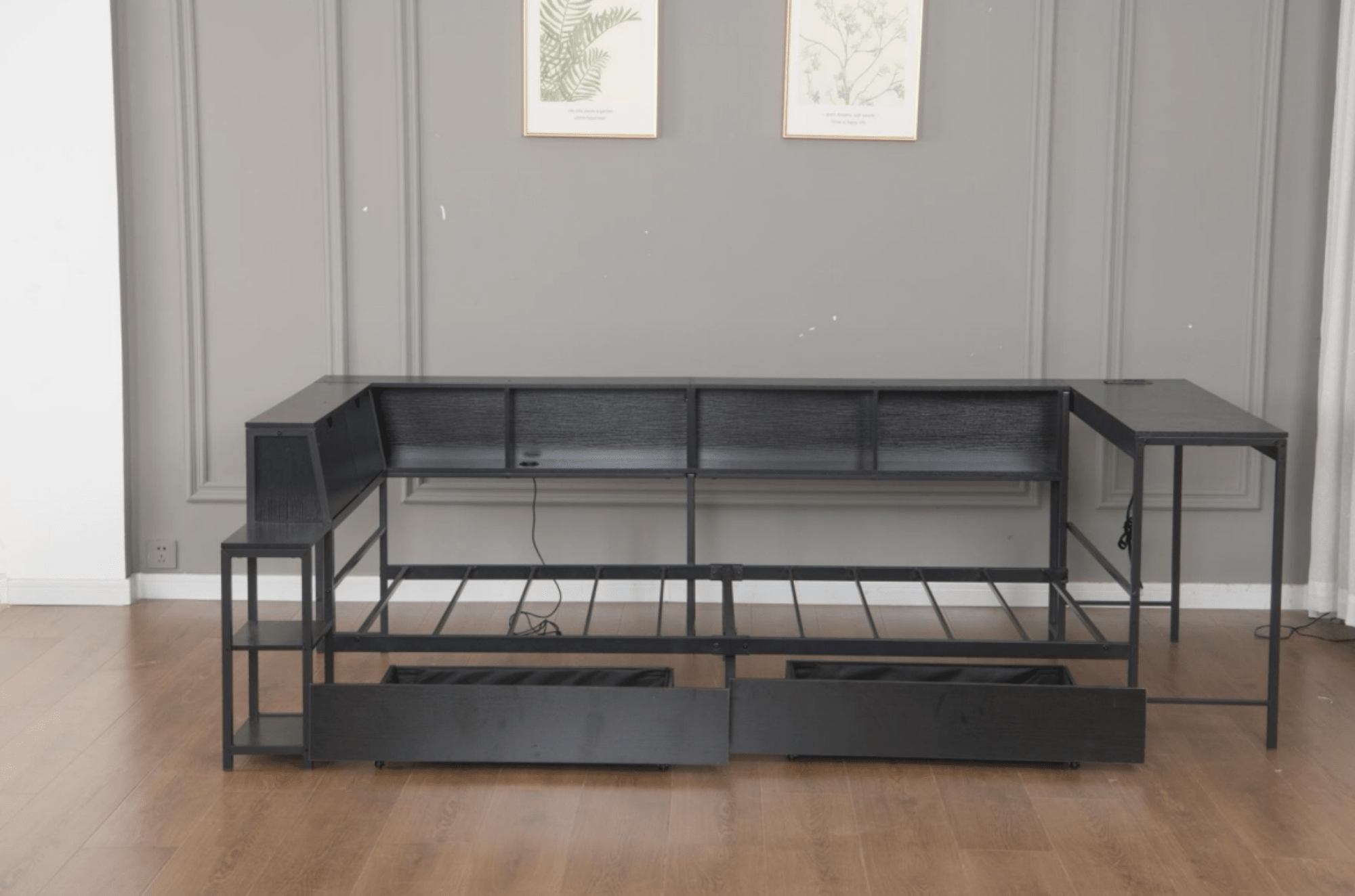 Bellemave® Corner Bed Frame with Desk & Storage, Captains Bed with Charging Station & LED Light, Wood Daybeds with L - Shaped Bookcase & 2 Drawers - Bellemave